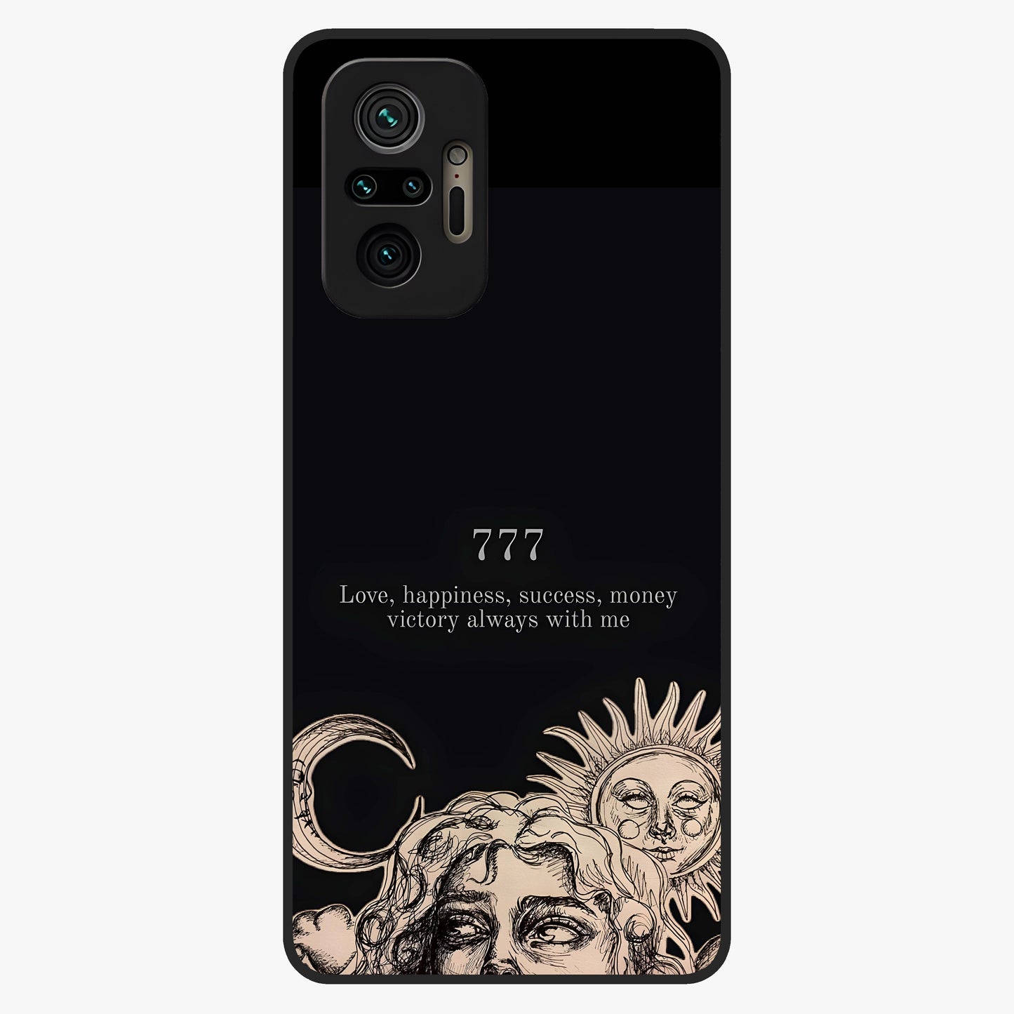 Mystic Victory Aura Glass Case showing flat back view with victory symbol artwork and glossy glass finish.