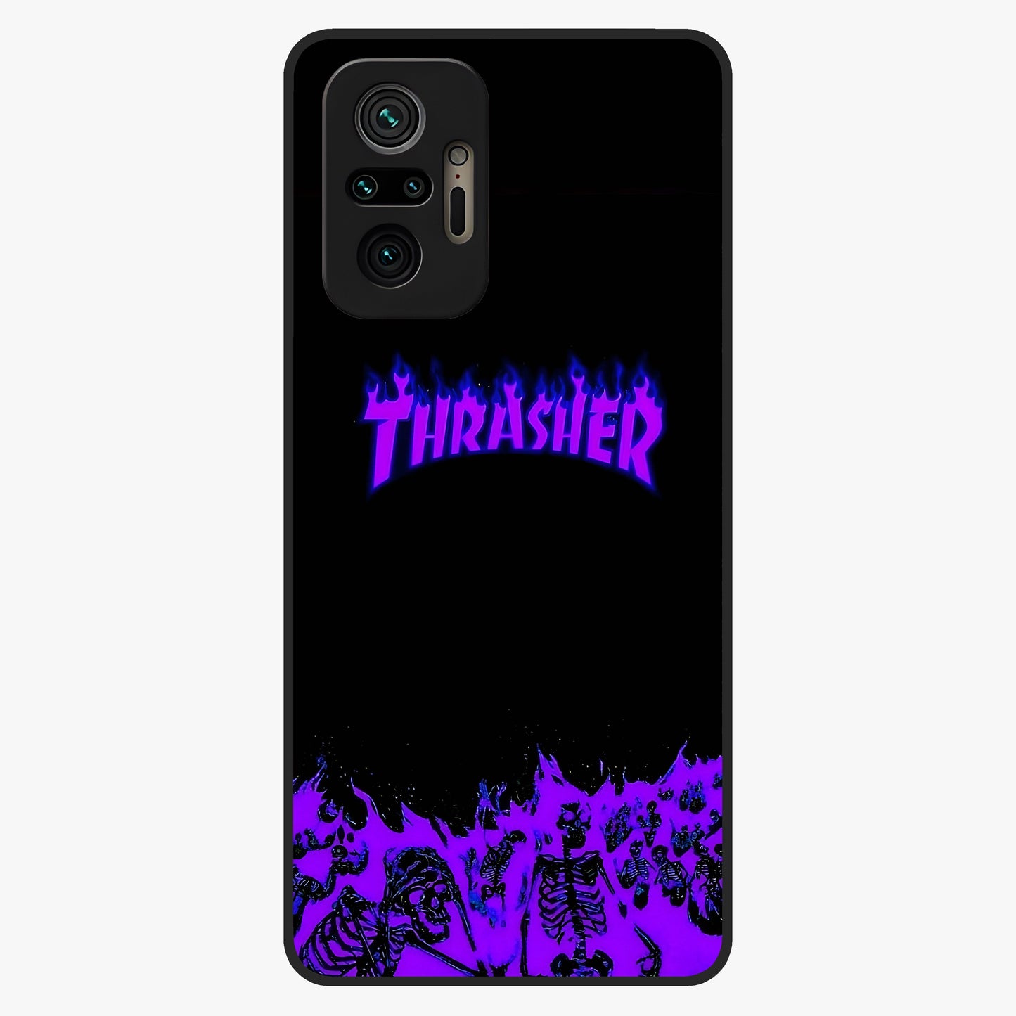 Neon Flame Riot Glass Case showing flat back view with neon flame artwork and glossy glass finish.