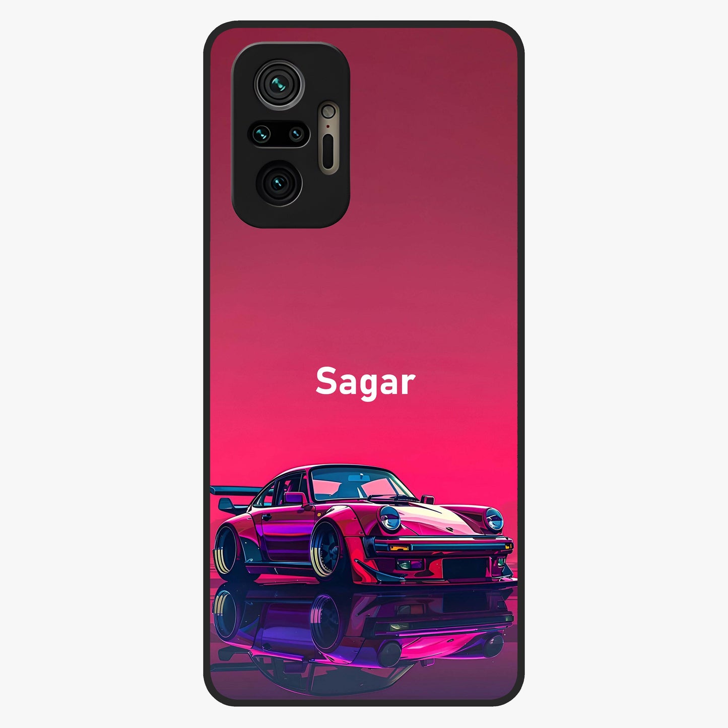 Neon Pink Porsche Glass Case showing flat back view with stylish sports car artwork and glossy glass finish.
