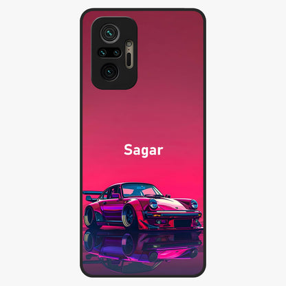 Neon Pink Porsche Glass Case showing flat back view with stylish sports car artwork and glossy glass finish.