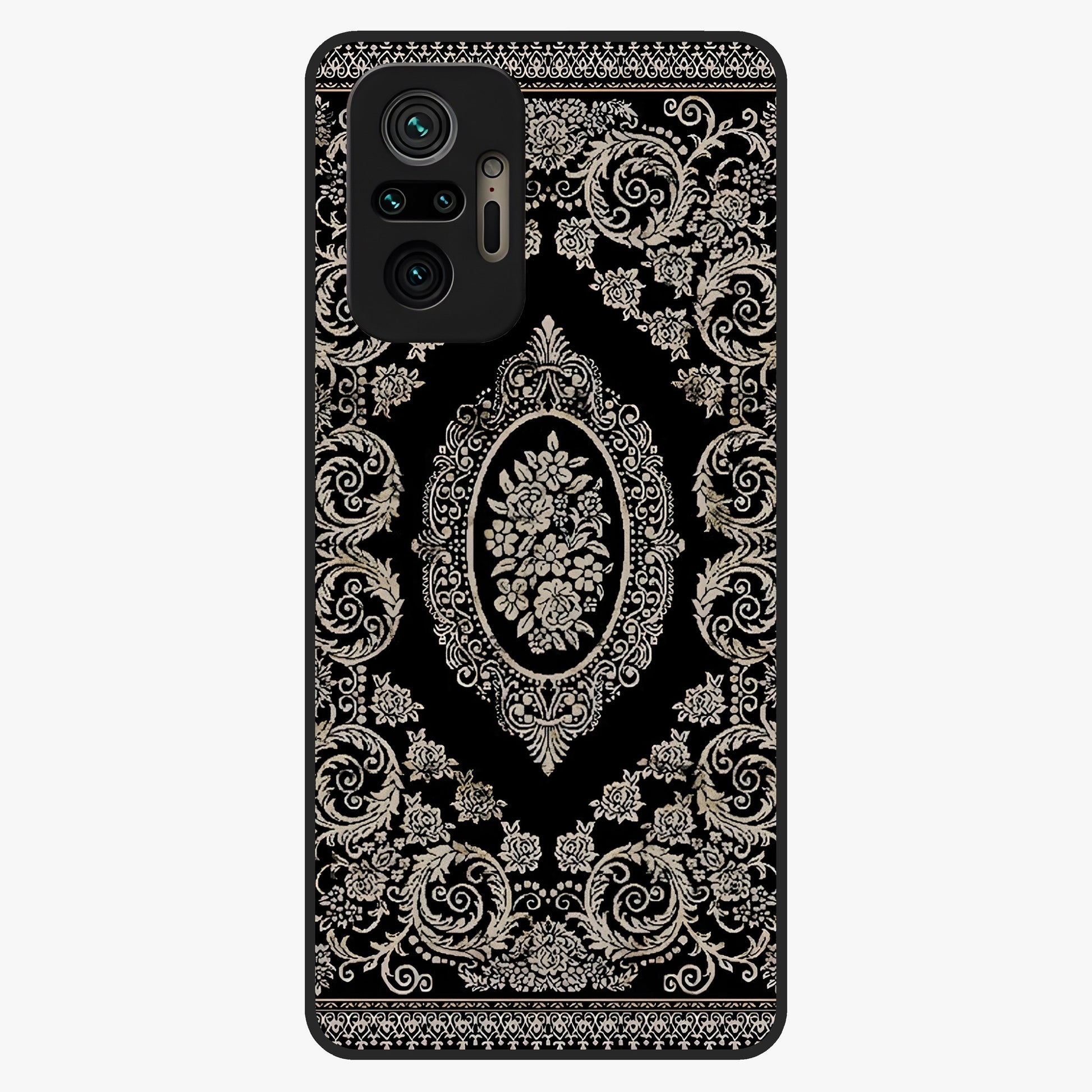 Noir Bloom Elegance Glass Case showing flat back view with elegant dark floral artwork and glossy glass finish.