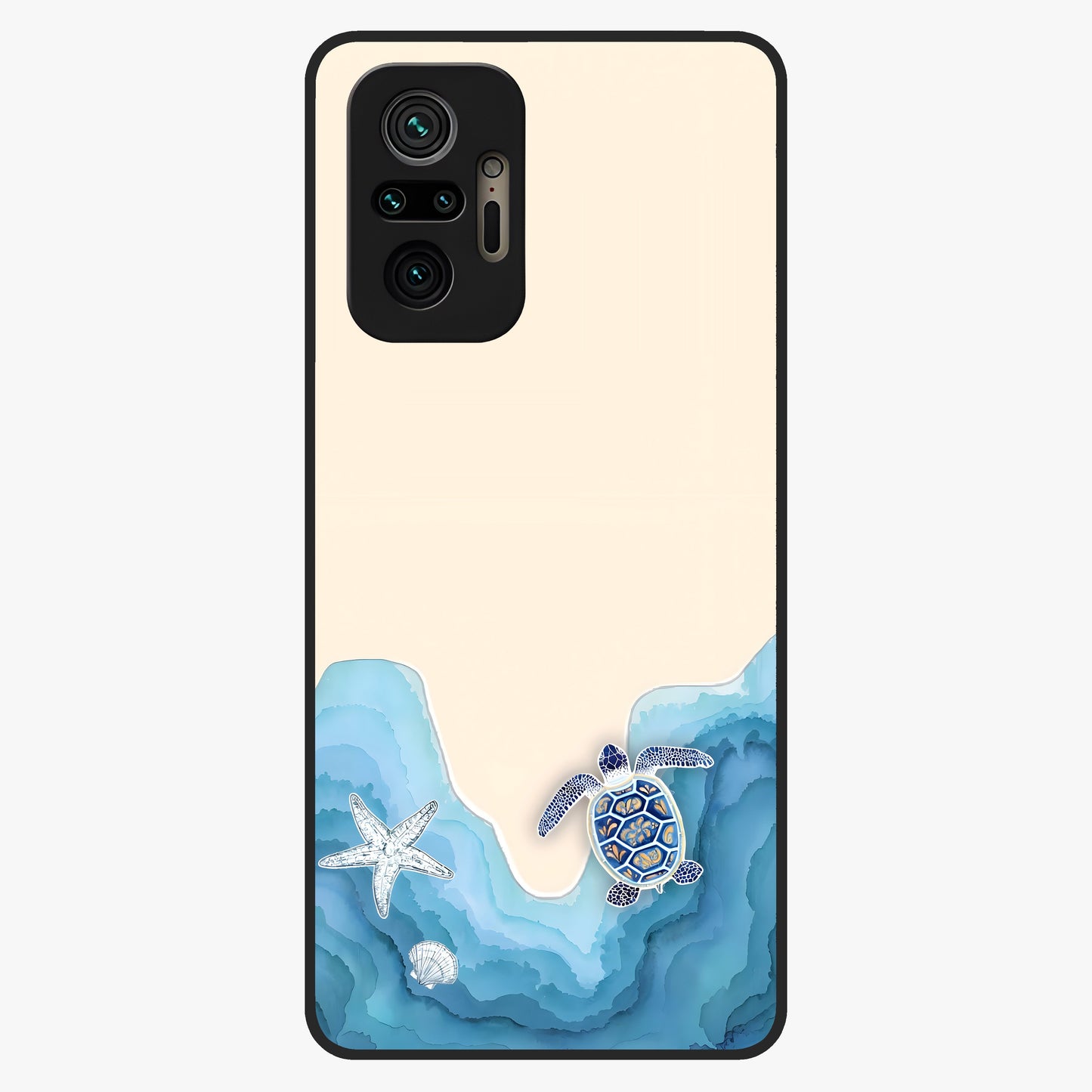 Ocean Drift Turtle Glass Case showing flat back view with sea turtle artwork and glossy glass finish.