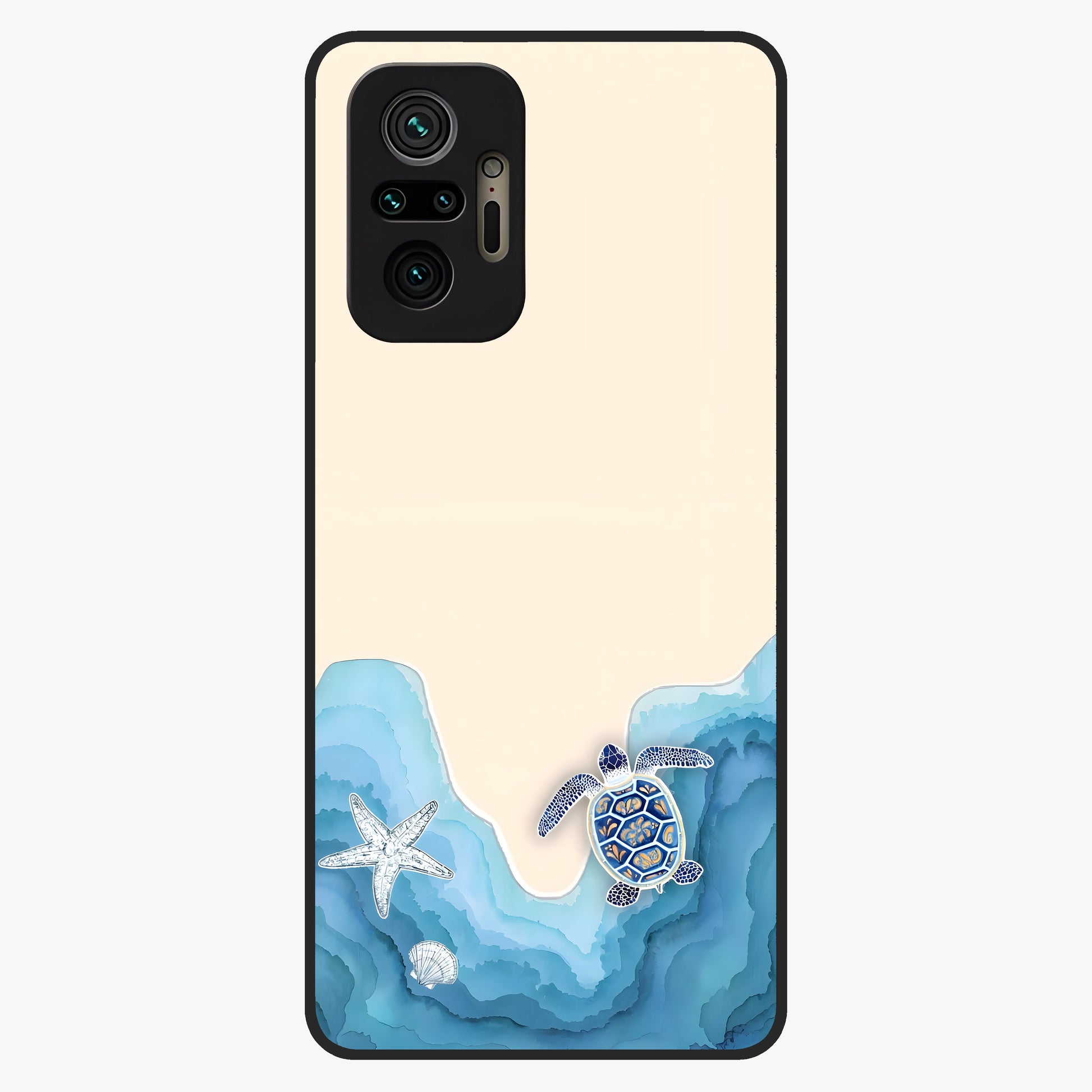 Ocean Drift Turtle Glass Case showing flat back view with sea turtle artwork and glossy glass finish.