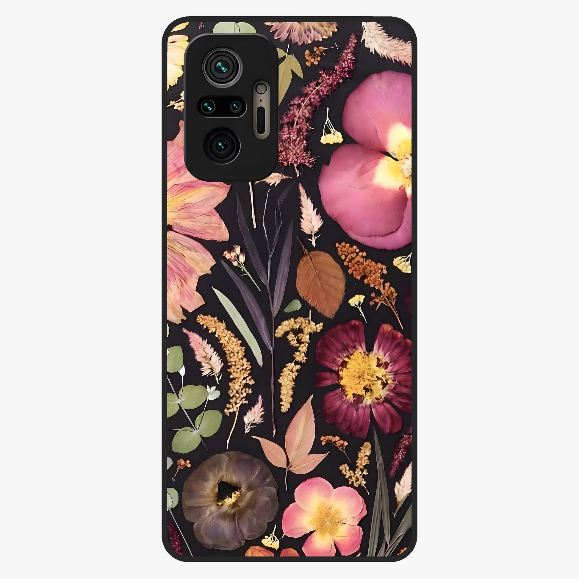 Petal Dream Tapestry Glass Case showing flat back view with intricate floral tapestry artwork and glossy glass finish.