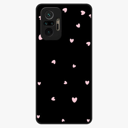 Pink Love Drops Glass Case showing flat back view with playful pink heart drops artwork and glossy glass finish.