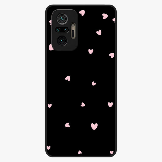 Pink Love Drops Glass Case showing flat back view with playful pink heart drops artwork and glossy glass finish.