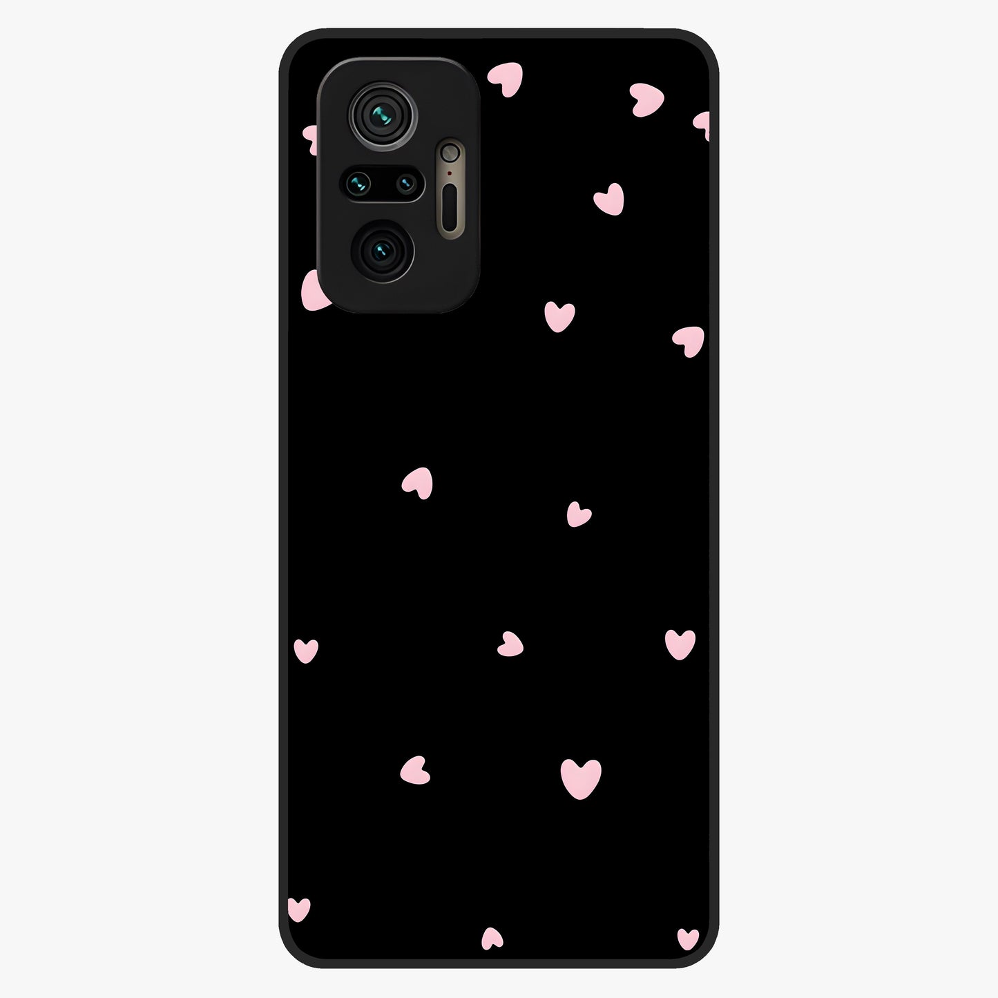 Pink Love Drops Glass Case showing flat back view with playful pink heart drops artwork and glossy glass finish.