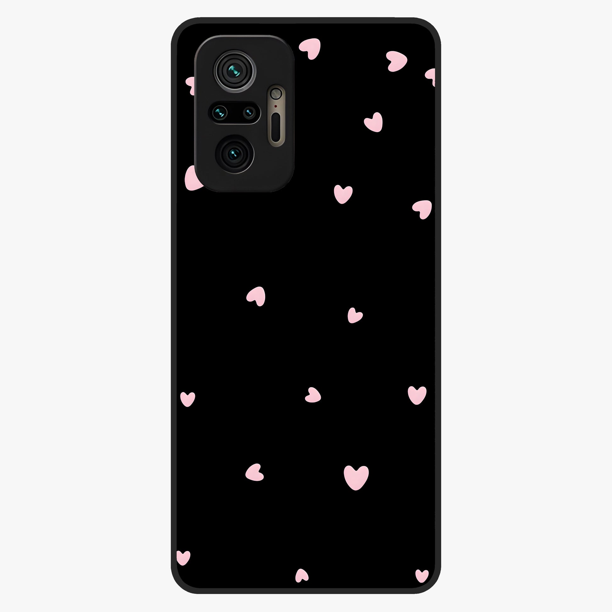 Pink Love Drops Glass Case showing flat back view with playful pink heart drops artwork and glossy glass finish.