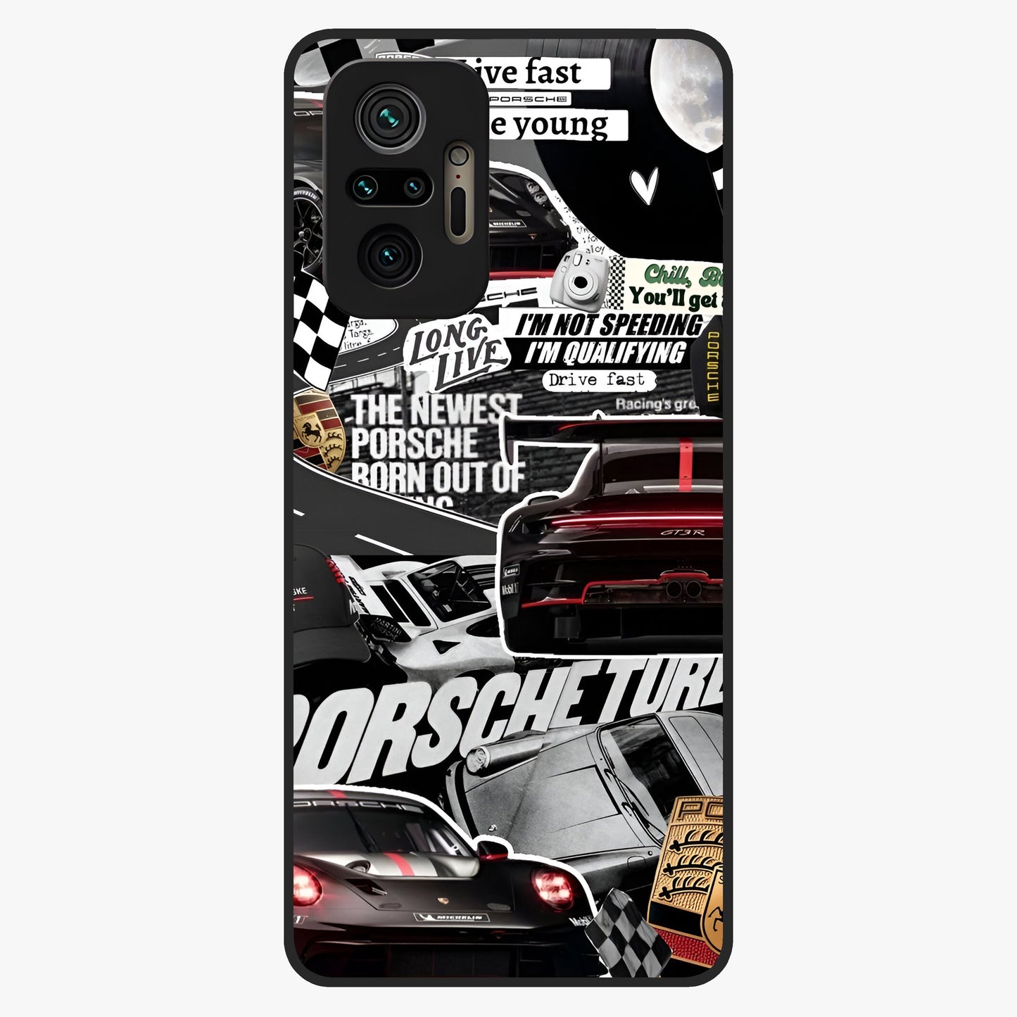 Porsche Racing Collage Glass Case showing flat back view with sports car racing collage artwork and glossy glass finish.