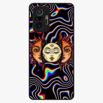 Psychedelic Sun Glass Case showing flat back view with colorful psychedelic sun artwork and glossy glass finish.