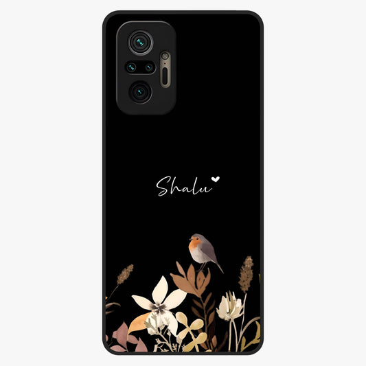 Quiet Garden Tune Custom Name Glass Case showing flat back view with peaceful garden artwork and personalized name design.