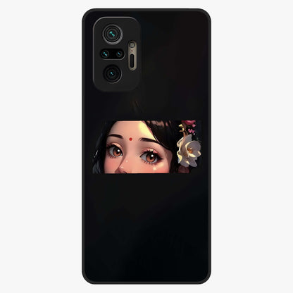 Radha Divine Embrace Glass Case showing flat back view with devotional Radha artwork and glossy glass finish.