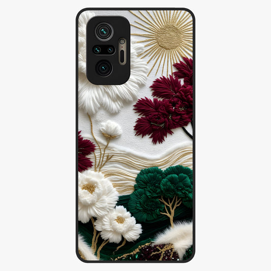 Radiant Bloom Elegance Glass Case showing flat back view with elegant blooming flower artwork and glossy glass finish.