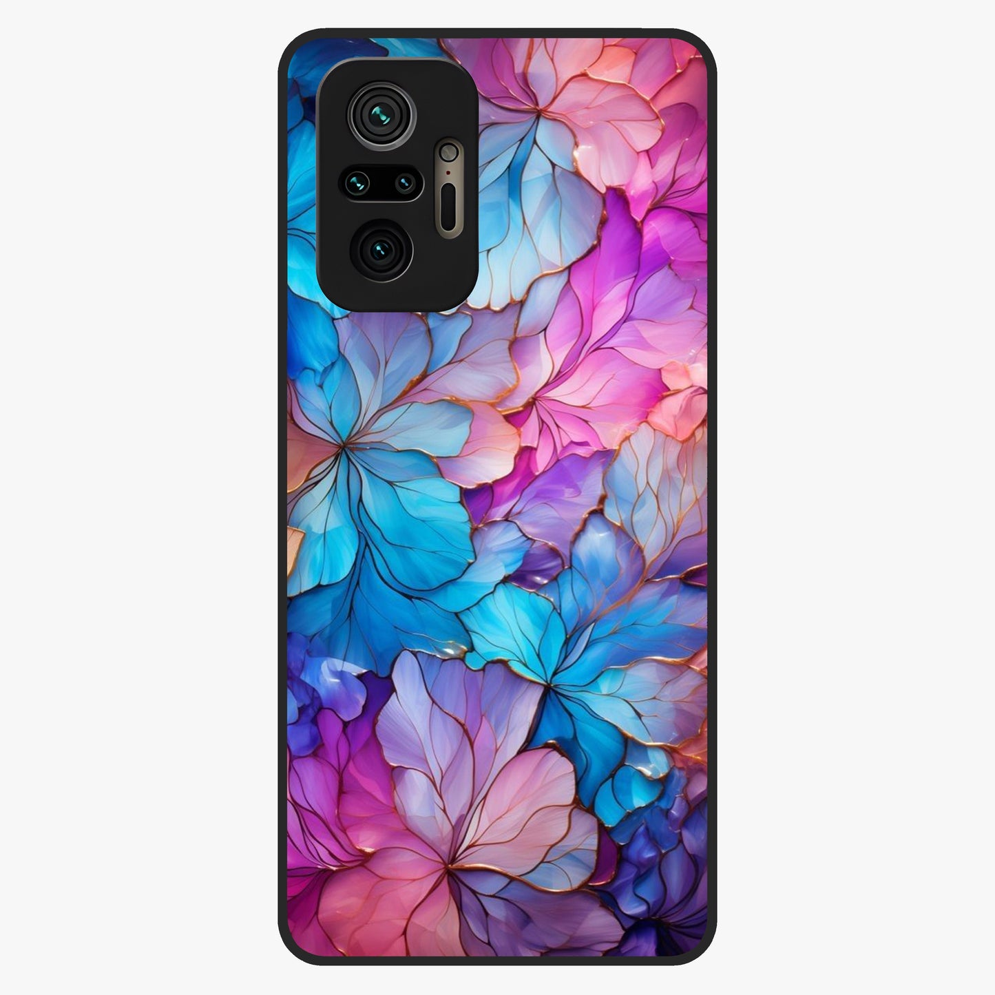 Radiant Floral Whirl Glass Case showing flat back view with swirling floral artwork and glossy glass finish.
