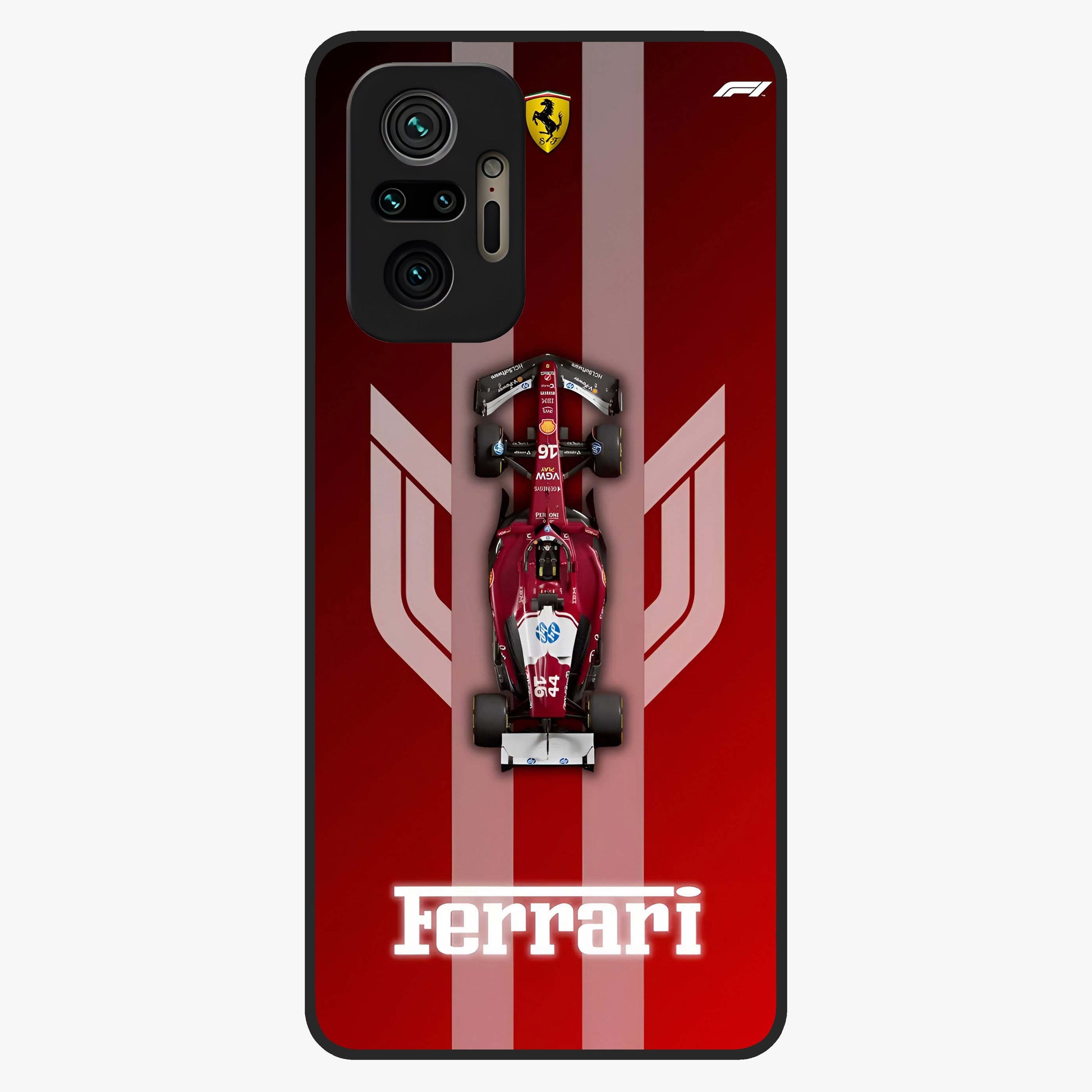 Red Ferrari F1 Vertical Glass Case showing flat back view with sleek Formula racing car artwork and glossy glass finish.