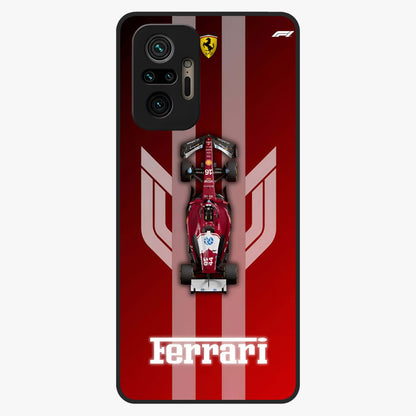 Red Ferrari F1 Vertical Glass Case showing flat back view with sleek Formula racing car artwork and glossy glass finish.