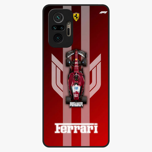 Red Ferrari F1 Vertical Glass Case showing flat back view with sleek Formula racing car artwork and glossy glass finish.