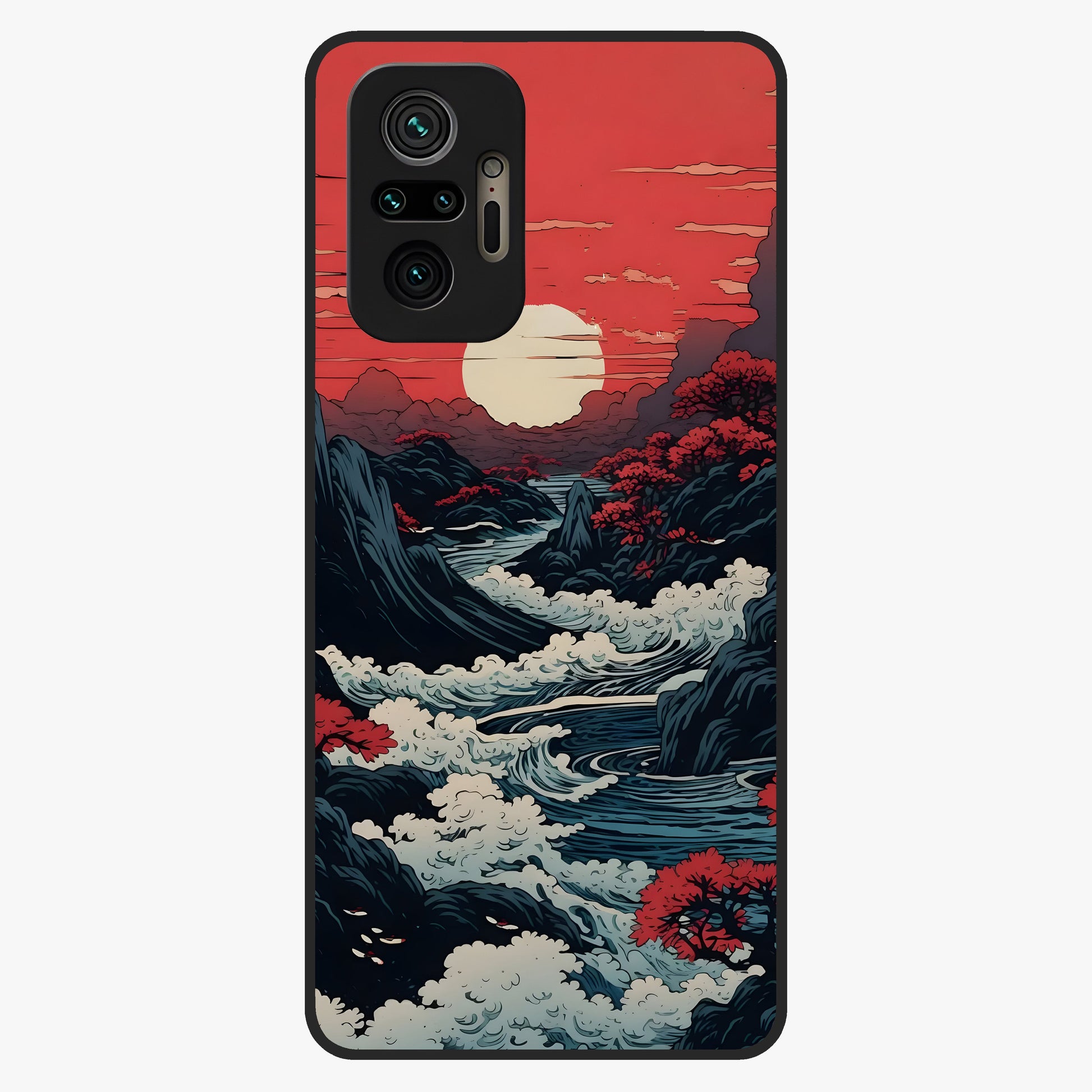 Red Sunset Scenery Glass Case showing flat back view with vibrant sunset landscape artwork and glossy glass finish.