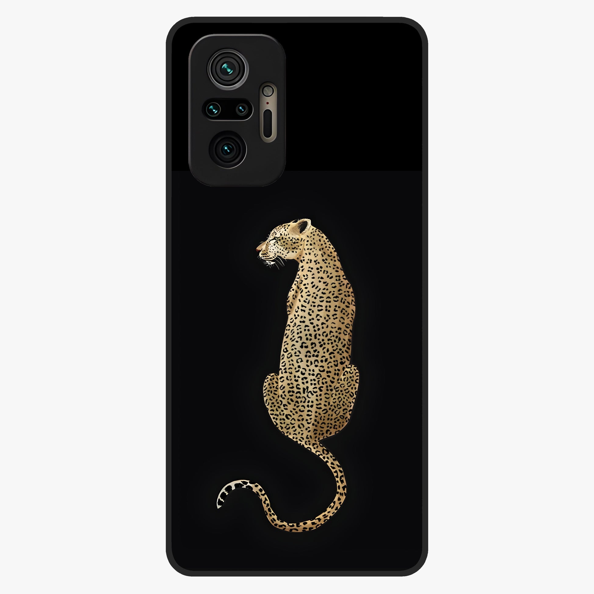 Regal Leopard Glass Case showing flat back view with bold leopard artwork and glossy glass finish.