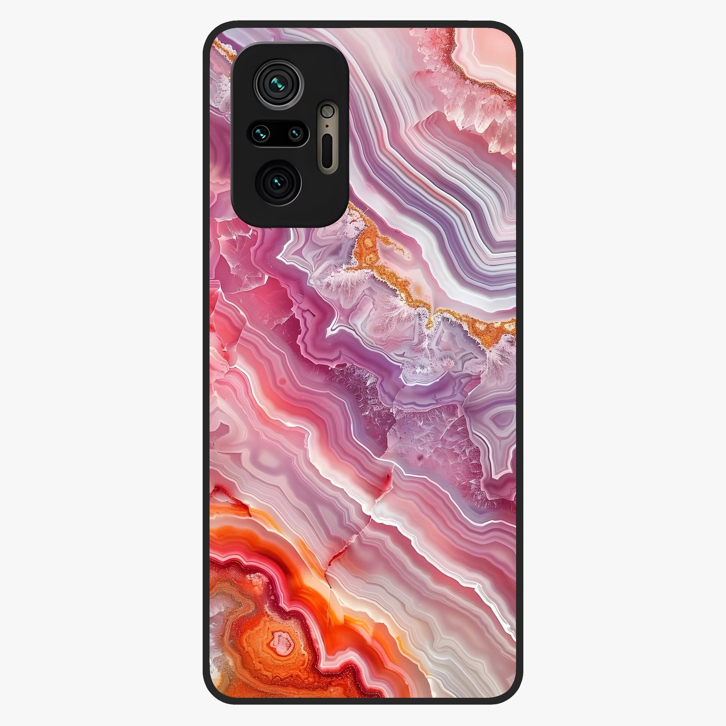 Rose Quartz Marble Glass Case showing flat back view with pink marble quartz texture artwork and glossy glass finish.