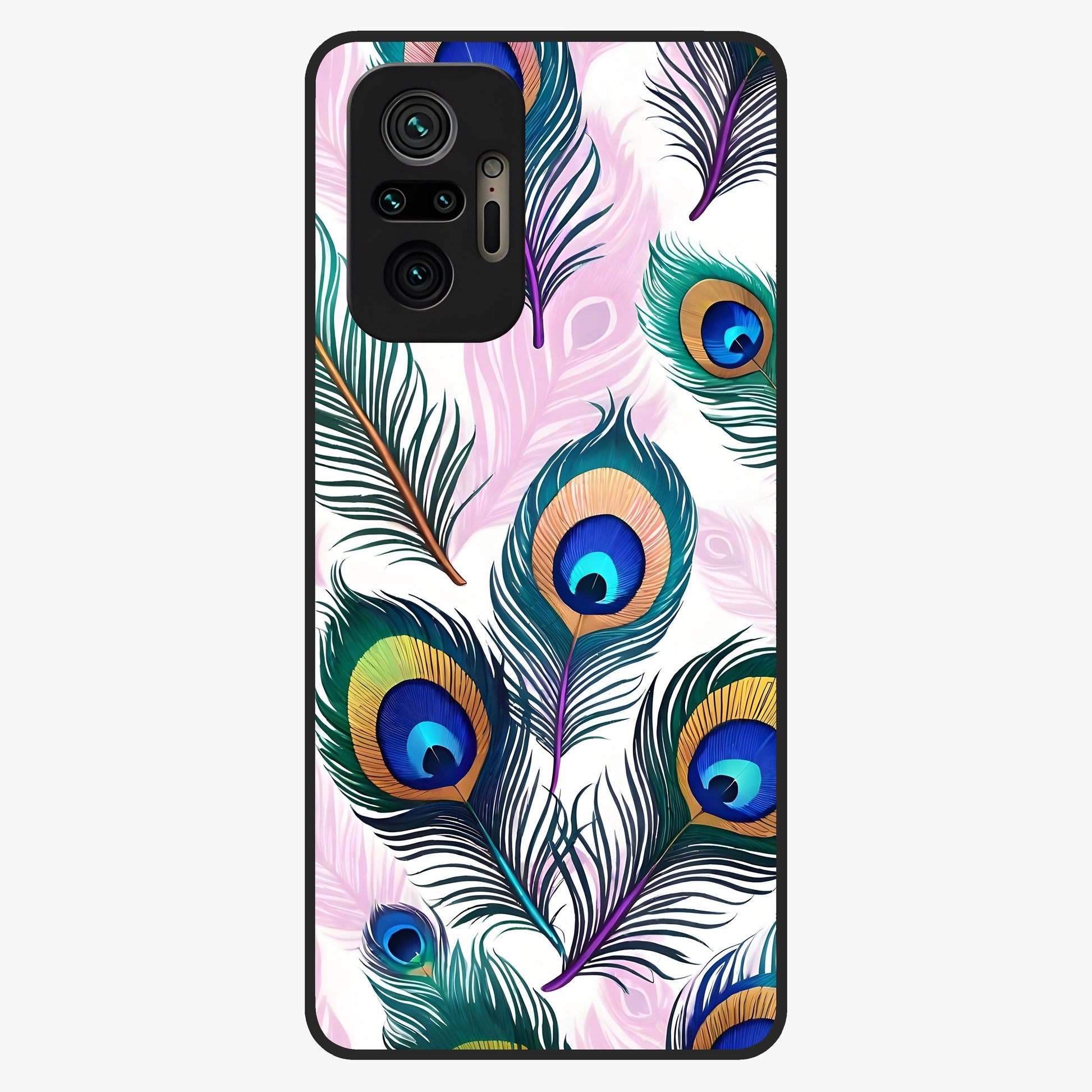 Royal Peacock Feathers Glass Case showing flat back view with colorful peacock feather artwork and glossy glass finish.