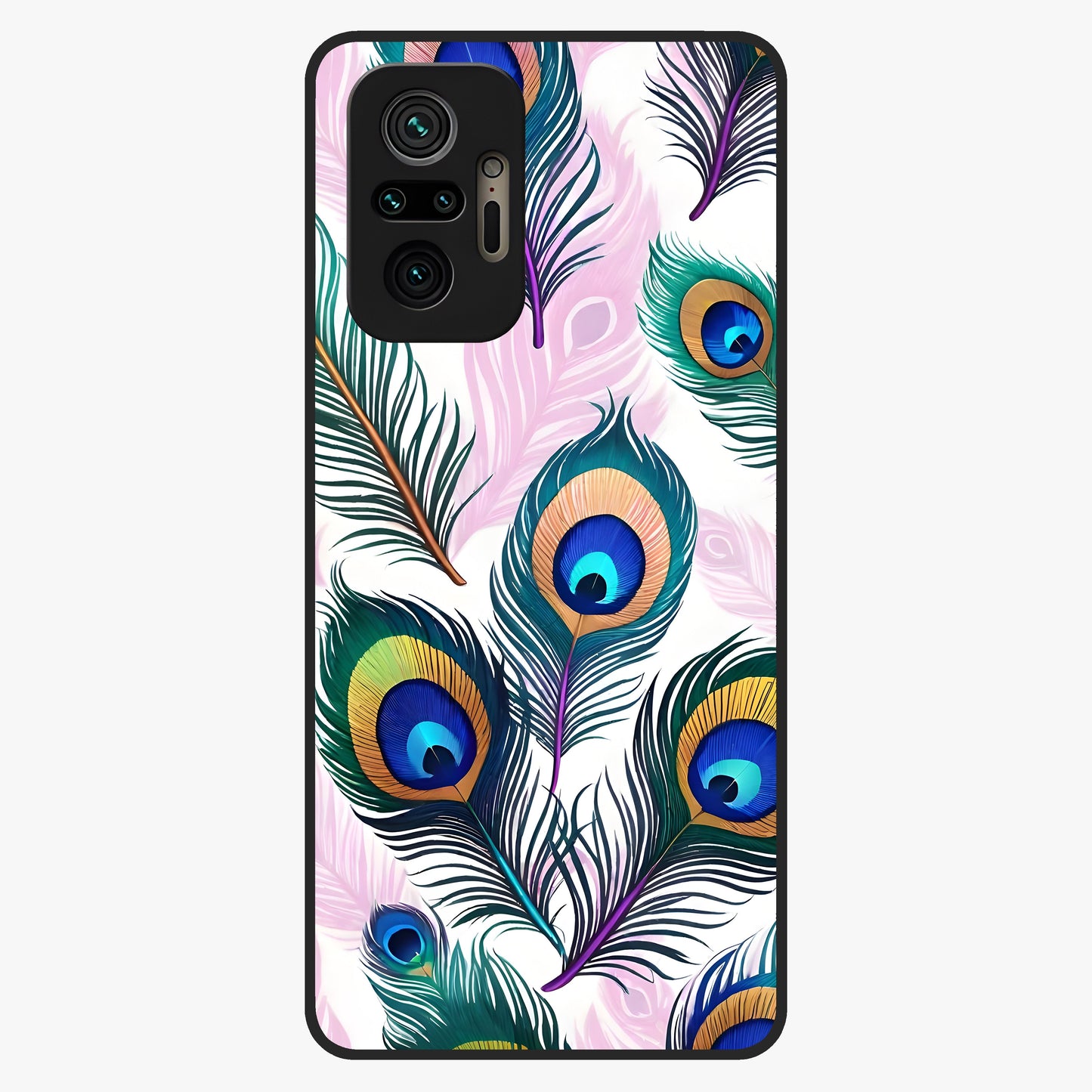 Royal Peacock Feathers Glass Case showing flat back view with colorful peacock feather artwork and glossy glass finish.
