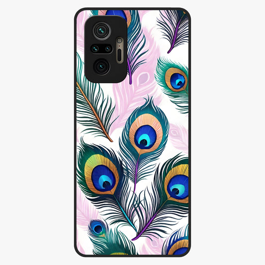 Royal Peacock Feathers Glass Case showing flat back view with colorful peacock feather artwork and glossy glass finish.