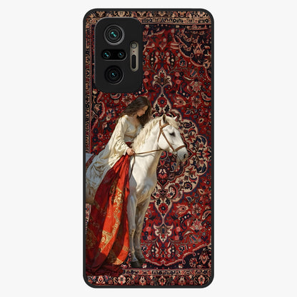Royal Rider Tapestry Glass Case showing flat back view with majestic horse rider tapestry artwork and glossy glass finish.