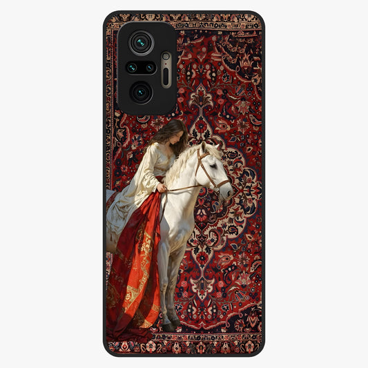Royal Rider Tapestry Glass Case showing flat back view with majestic horse rider tapestry artwork and glossy glass finish.