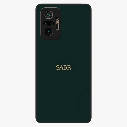 Sabr Minimal Patience Glass Case showing flat back view with minimalist typography artwork and glossy glass finish.