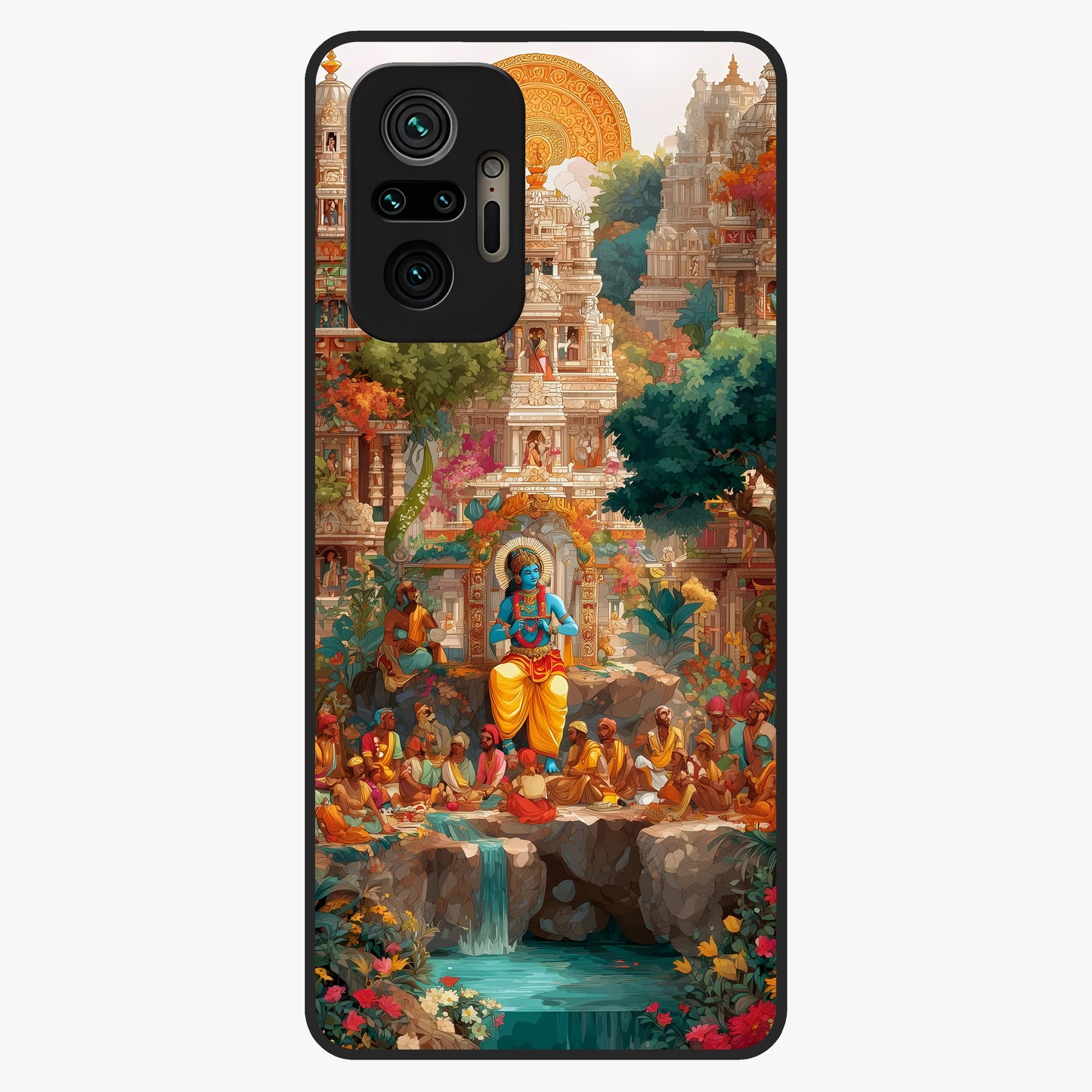 Sacred Sunlight Gods Glass Case showing flat back view with divine sunlight themed artwork and glossy glass finish.