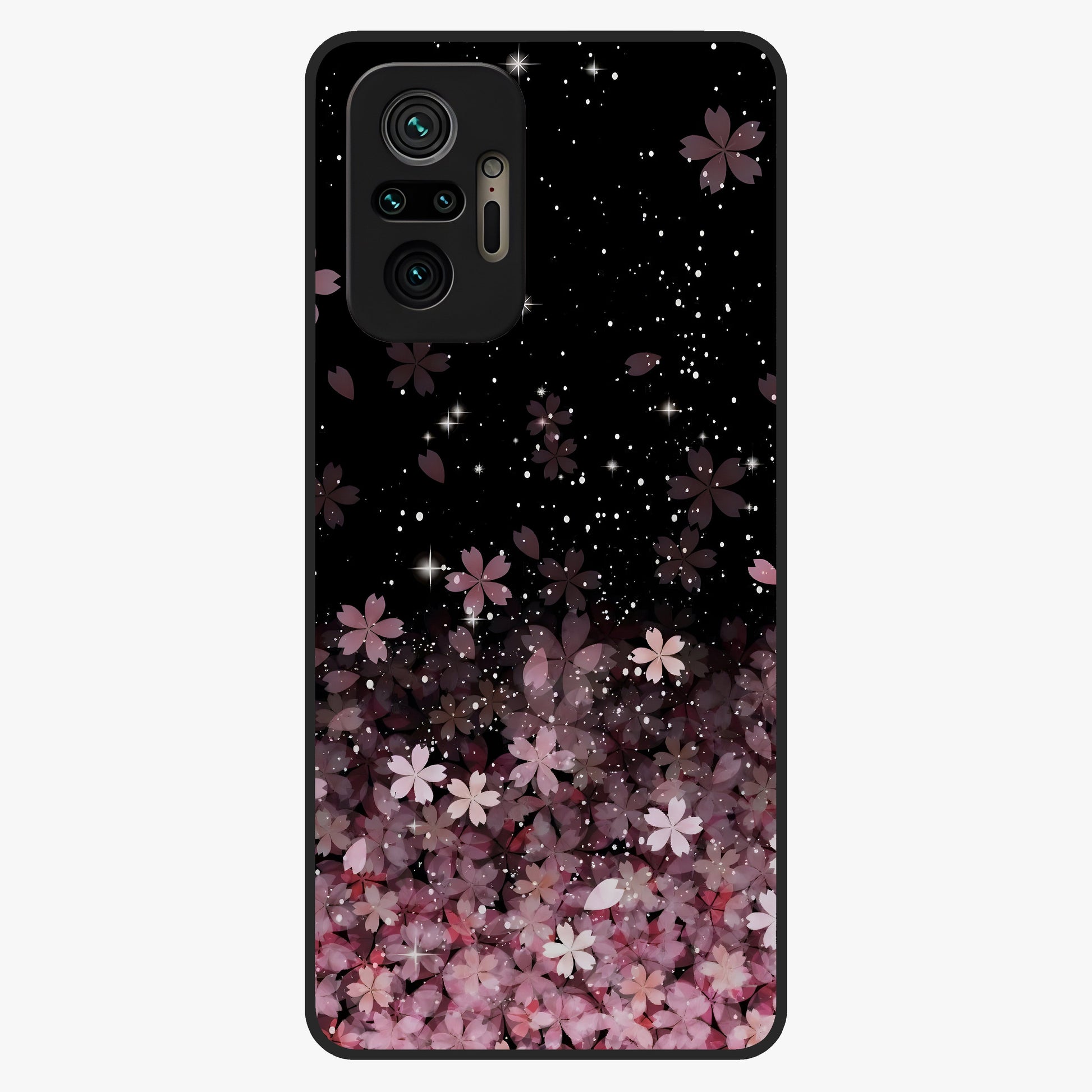 Small Starry Flowers Glass Case showing flat back view with delicate starry floral artwork and glossy glass finish.