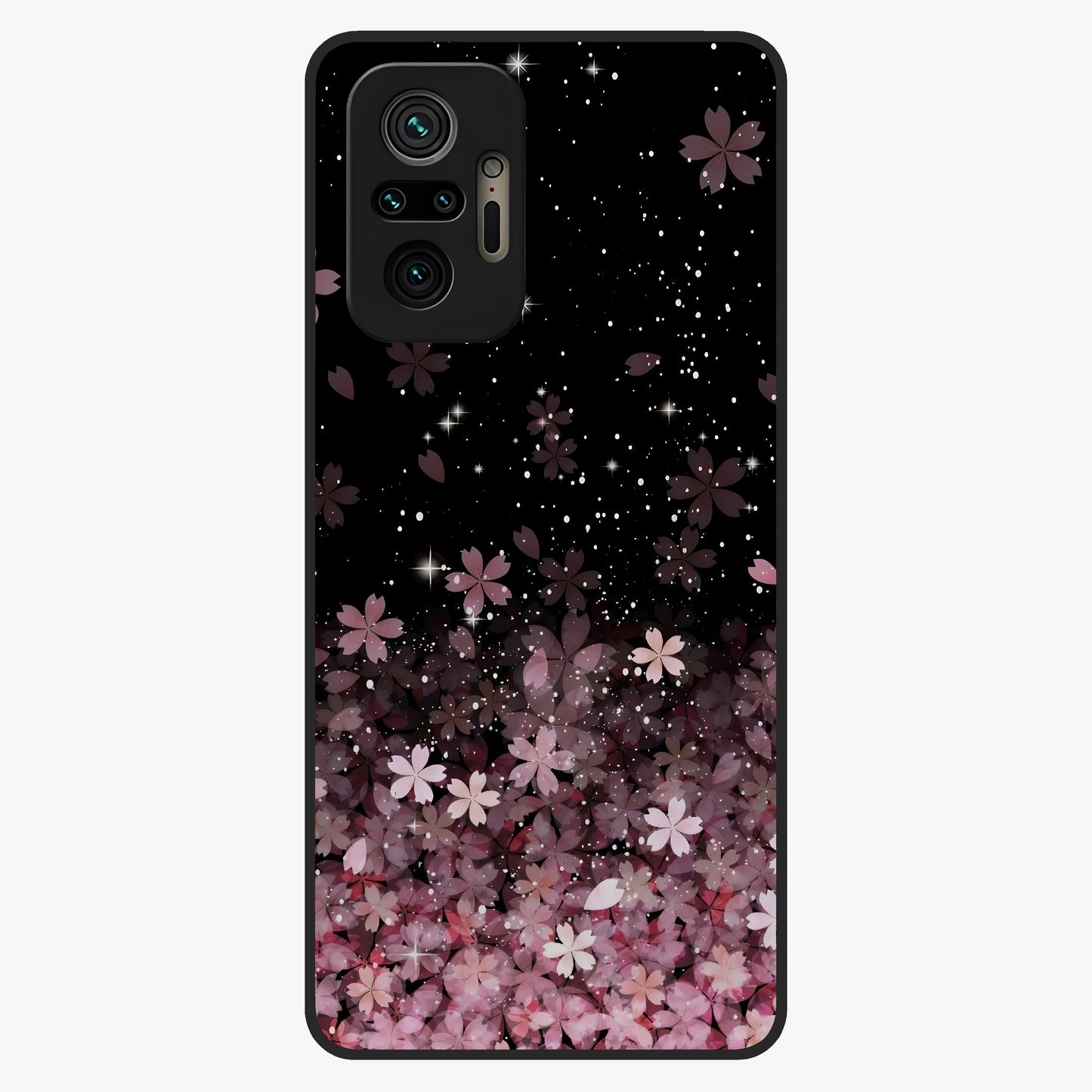 Small Starry Flowers Glass Case showing flat back view with delicate starry floral artwork and glossy glass finish.
