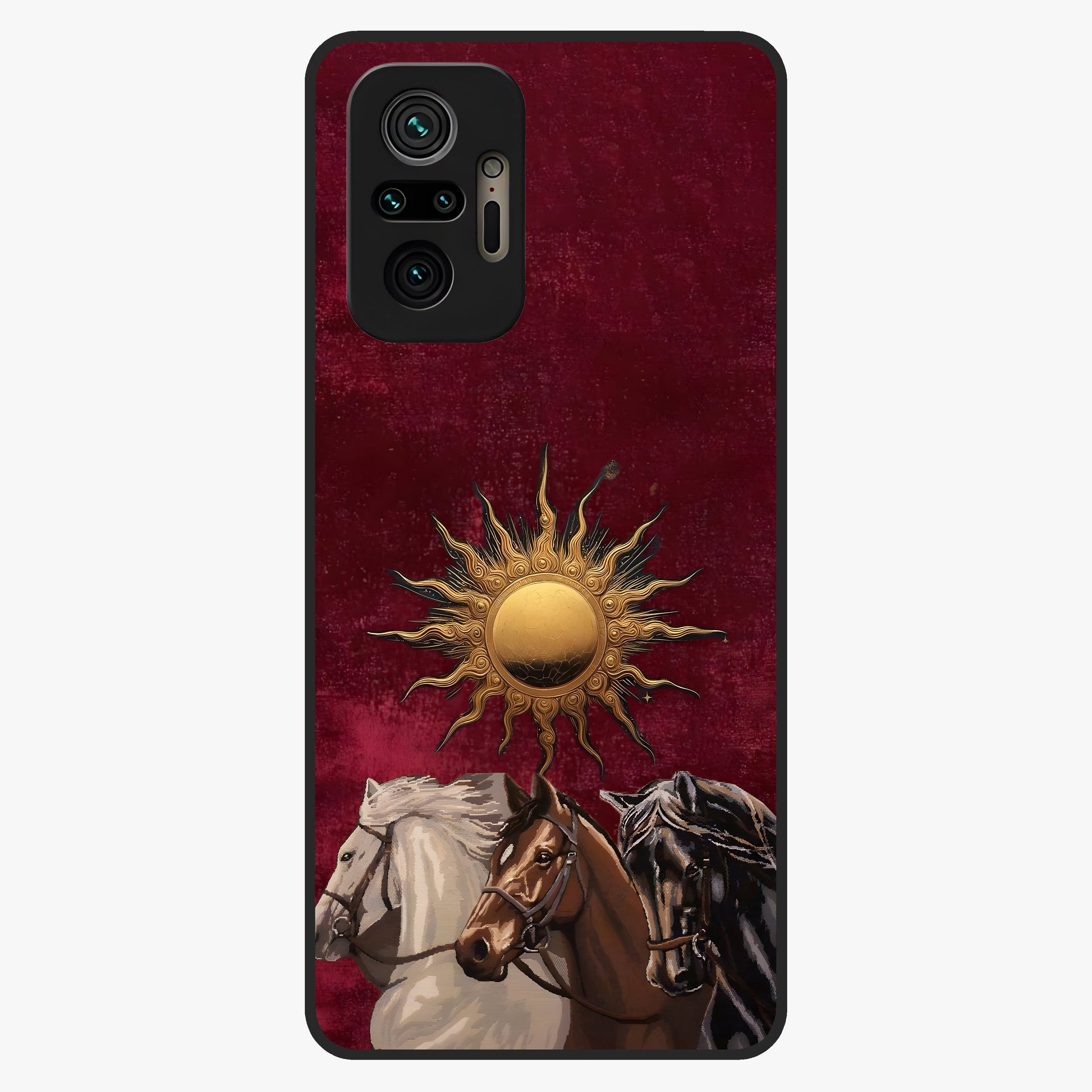 Solar Riders Glass Case showing flat back view with dynamic rider themed artwork and glossy glass finish.