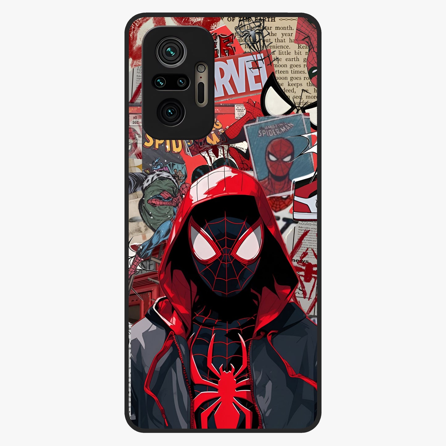 Spider Collage Street Glass Case showing flat back view with vibrant superhero collage artwork and glossy glass finish.