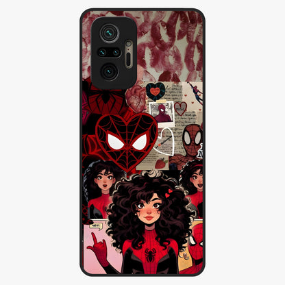 Spider Love Story Glass Case showing flat back view with romantic superhero themed artwork and glossy glass finish.