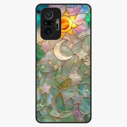 Stained Sunrise Glow Glass Case showing flat back view with glowing sunrise stained pattern artwork and glossy glass finish.