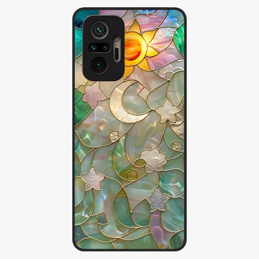 Stained Sunrise Glow Glass Case showing flat back view with glowing sunrise stained pattern artwork and glossy glass finish.