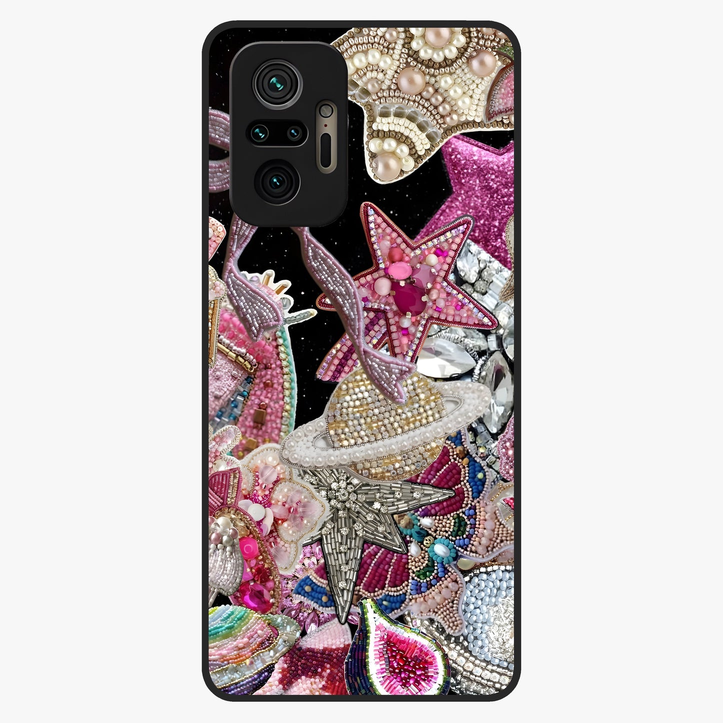 Starlit Jewel Dream Glass Case showing flat back view with sparkling jewel and star themed artwork and glossy glass finish.