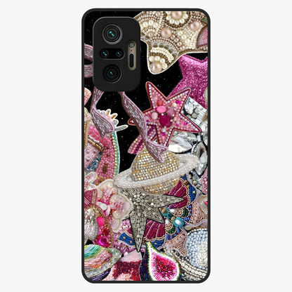 Starlit Jewel Dream Glass Case showing flat back view with sparkling jewel and star themed artwork and glossy glass finish.