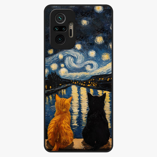 Starry River Cats Glass Case showing flat back view with cats by a starry river artwork and glossy glass finish.