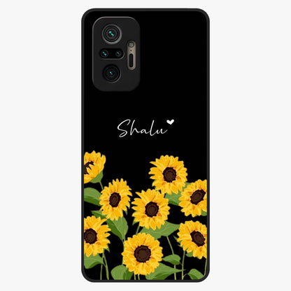 Sunflower Chic Mood Custom Name Glass Case showing flat back view with stylish sunflower artwork and personalized name design.