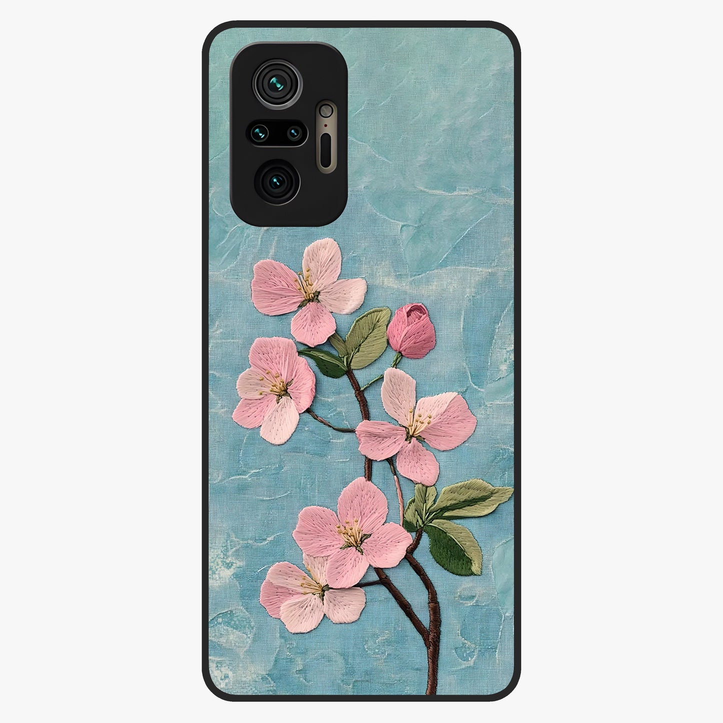Threaded Blossom Breeze Glass Case showing flat back view with delicate blossom artwork and glossy glass finish.