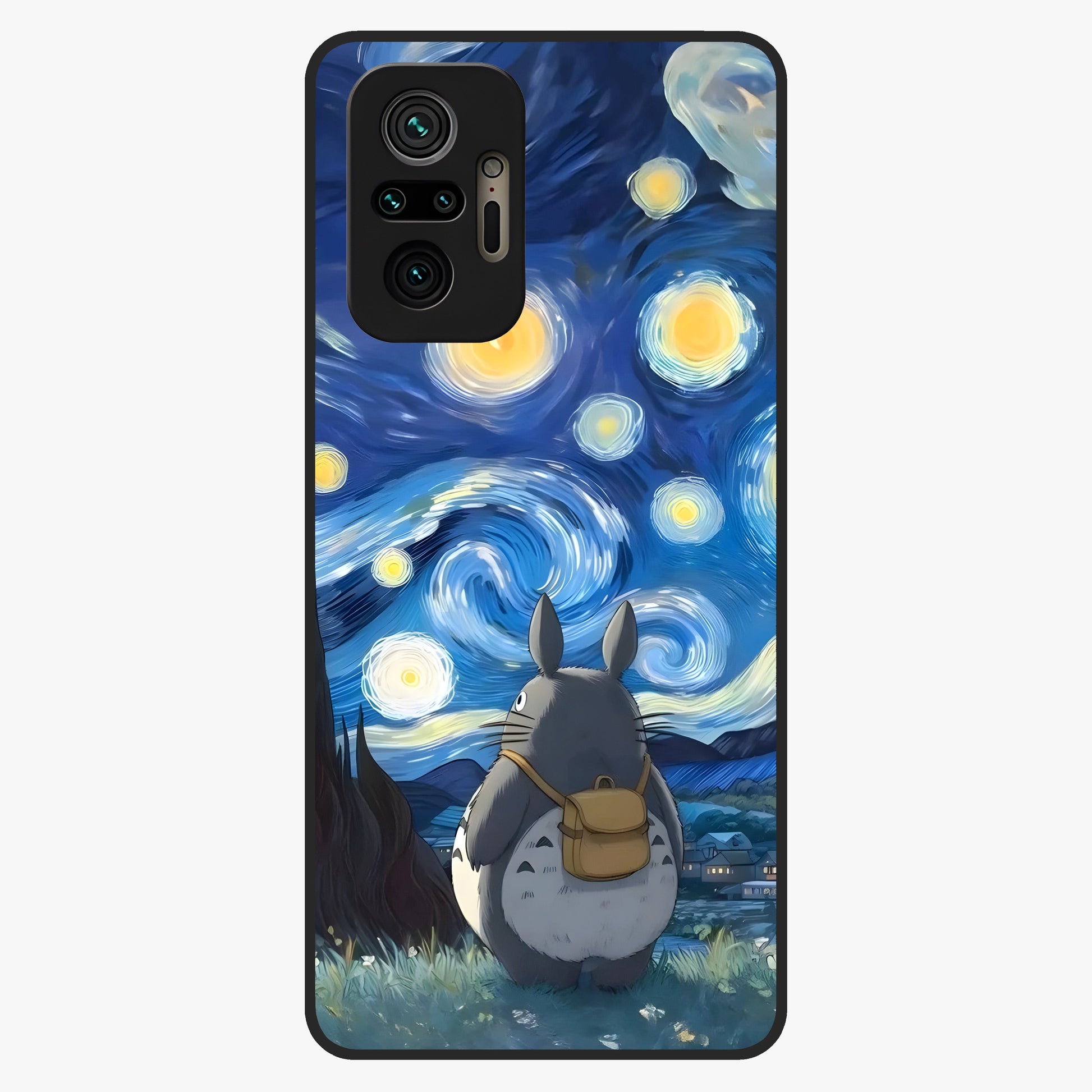 Totoro In Van Gogh Art Glass Case showing flat back view with whimsical character artwork inspired by Van Gogh style and glossy glass finish.