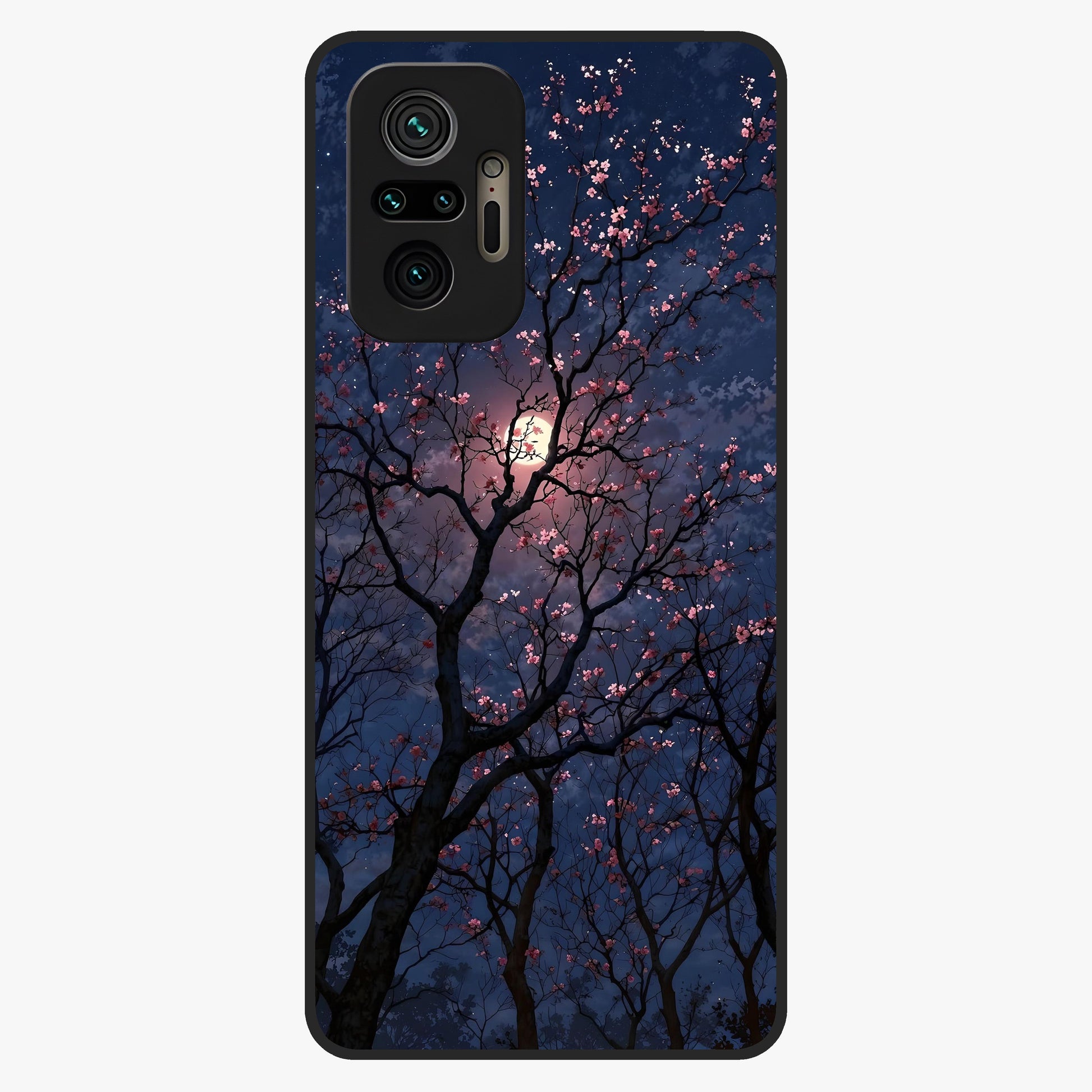 Twilight Sakura Serenade Glass Case showing flat back view with cherry blossom artwork at twilight and glossy glass finish.