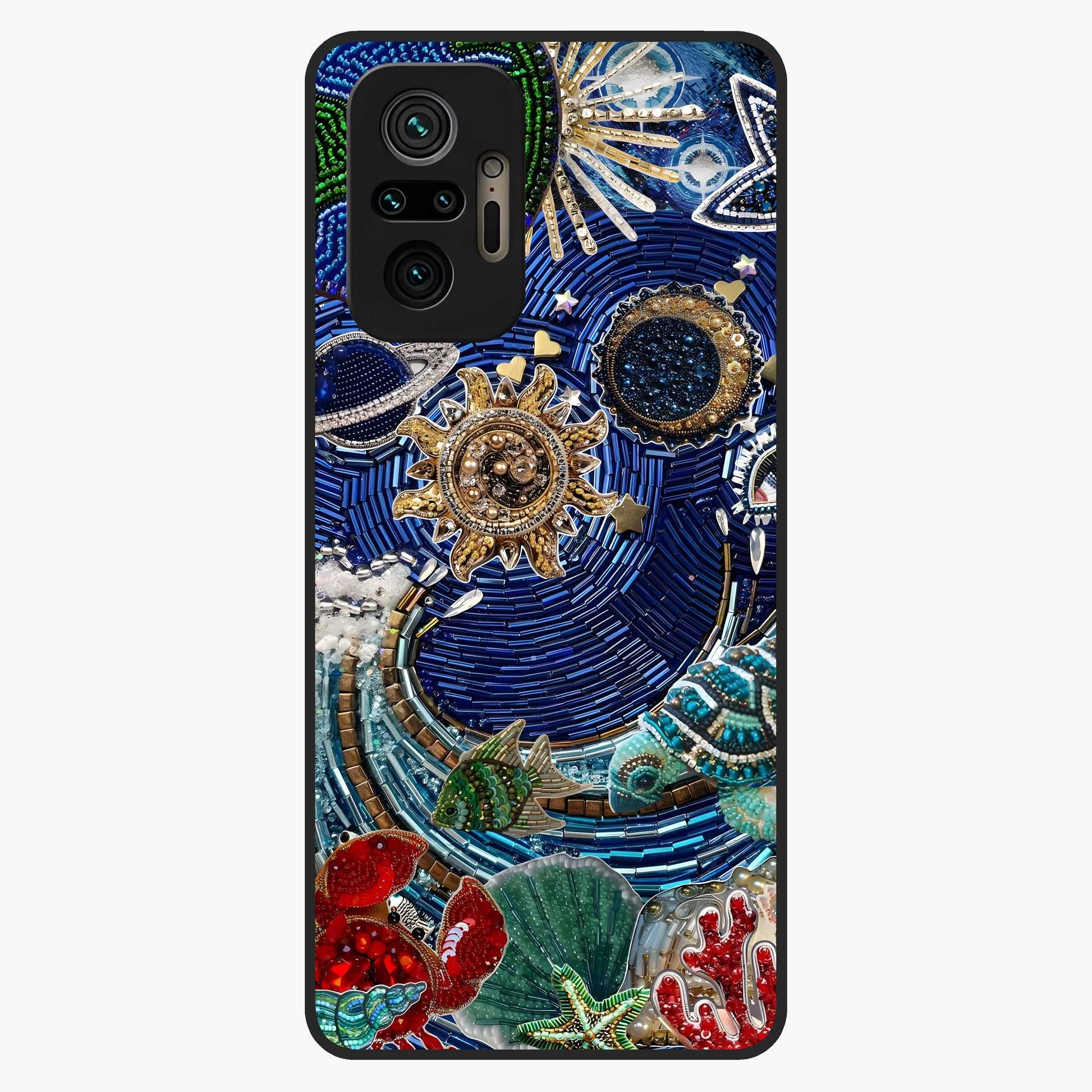 Universe Underwater Spark Glass Case showing flat back view with cosmic underwater themed artwork and glossy glass finish.