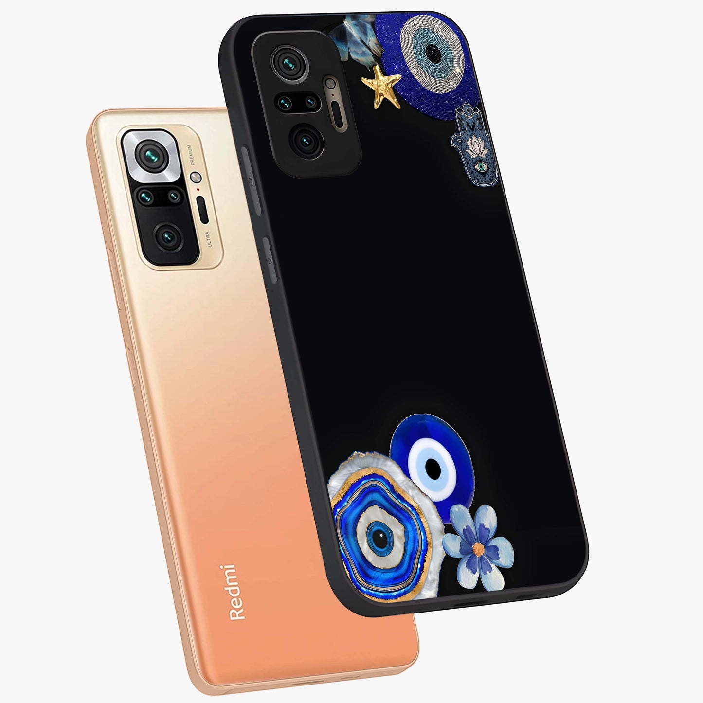 Aesthetic Blue Evil Eye Glass Case displayed in angled mockup highlighting blue evil eye symbol and spiritual aesthetic design.