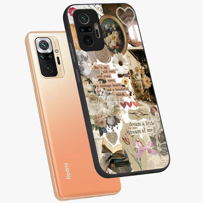 Aesthetic Brown Vintage Collage Glass Case displayed in angled mockup highlighting vintage aesthetic collage design.