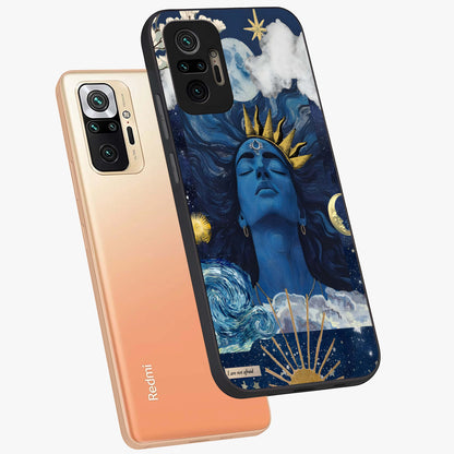Aesthetic Lord Shiva Glass Case displayed in angled mockup highlighting spiritual Shiva illustration and sacred aesthetic design.