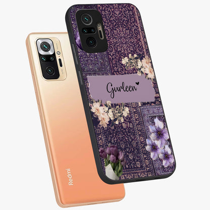 Antique Floral Whisper Custom Name Glass Case displayed in angled mockup highlighting elegant antique floral aesthetic.